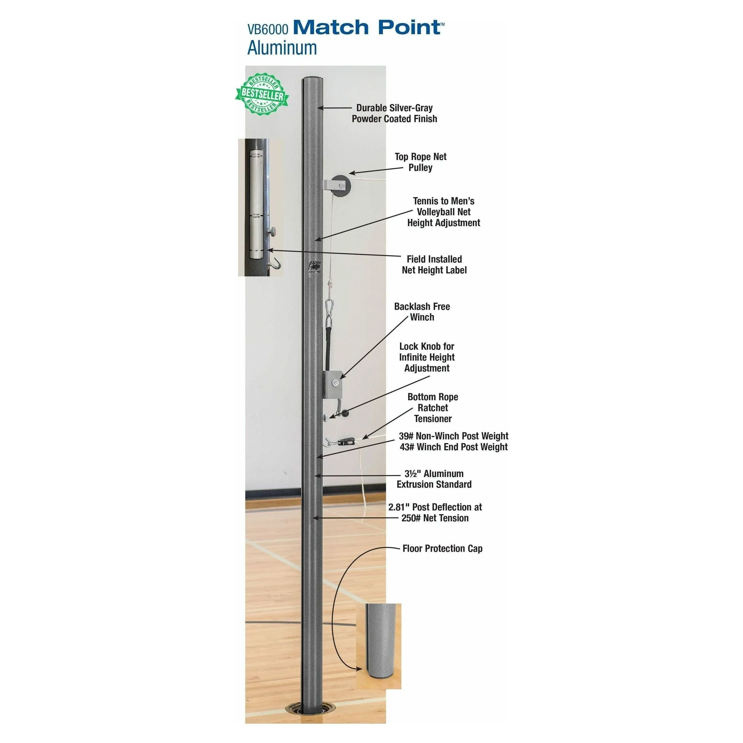 Bison 3 1/2" Match Point Aluminum Volleyball System without Sockets VB6000NS