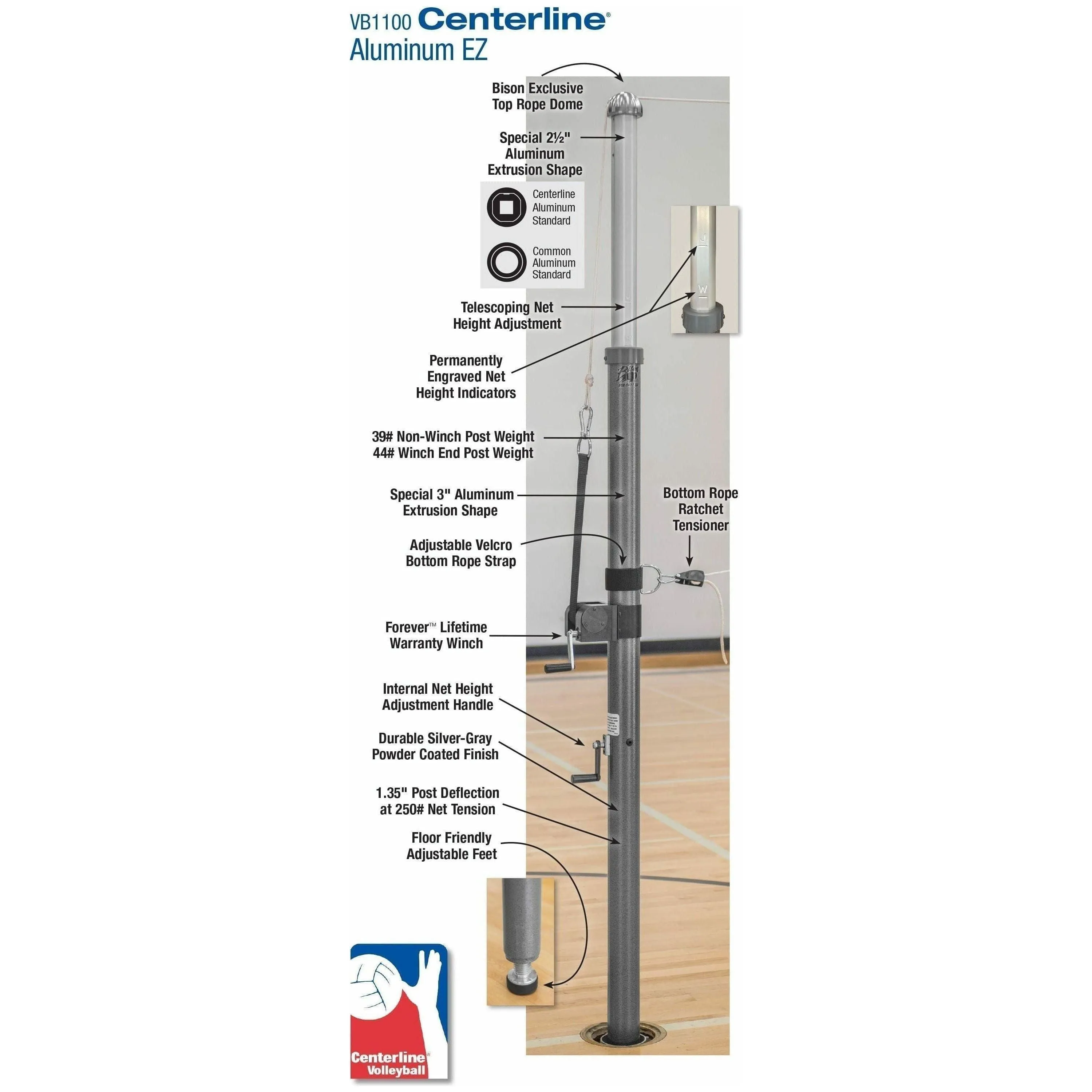 Bison 3" Centerline Aluminum EZ Volleyball System w/o Sockets VB1100NS