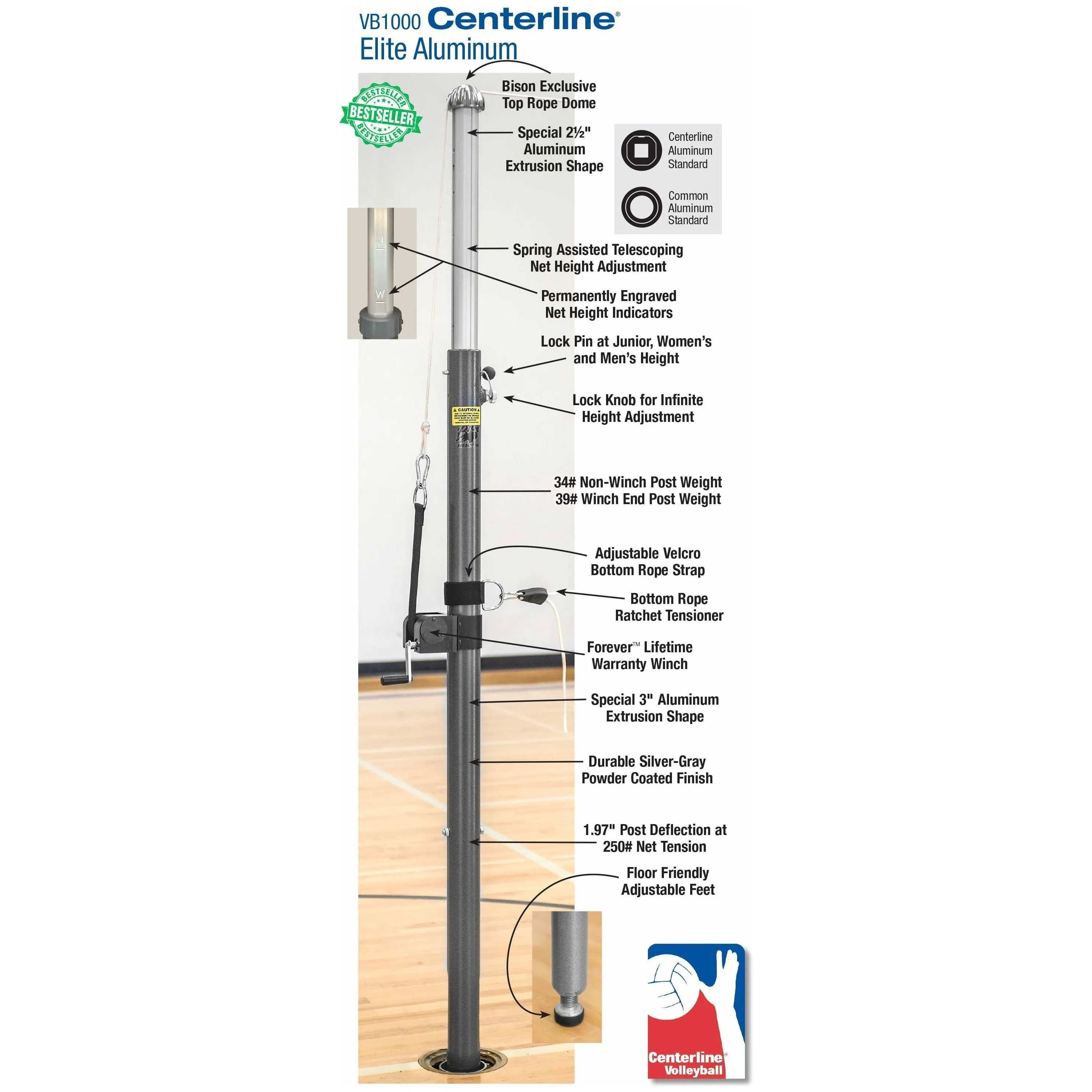 Bison 3" Centerline Elite Aluminum Volleyball System w/o Sockets VB1000NS
