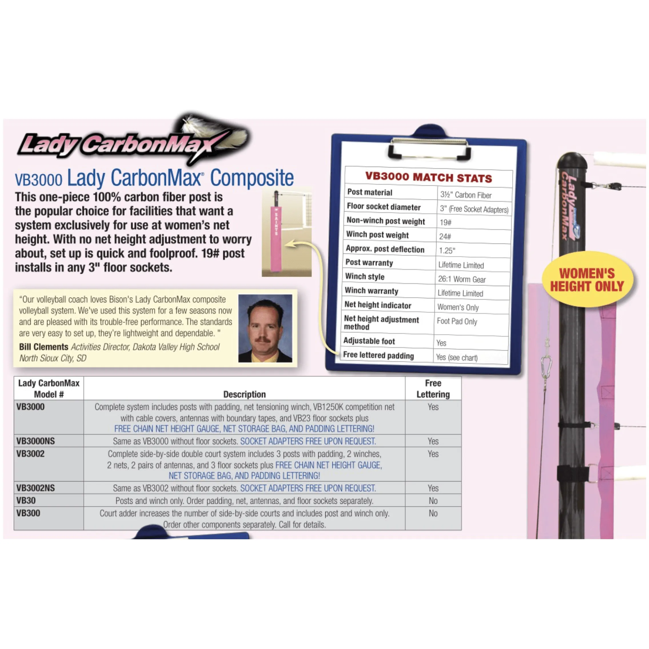 Bison 3" Lady CarbonMax Composite Complete Volleyball System VB3000