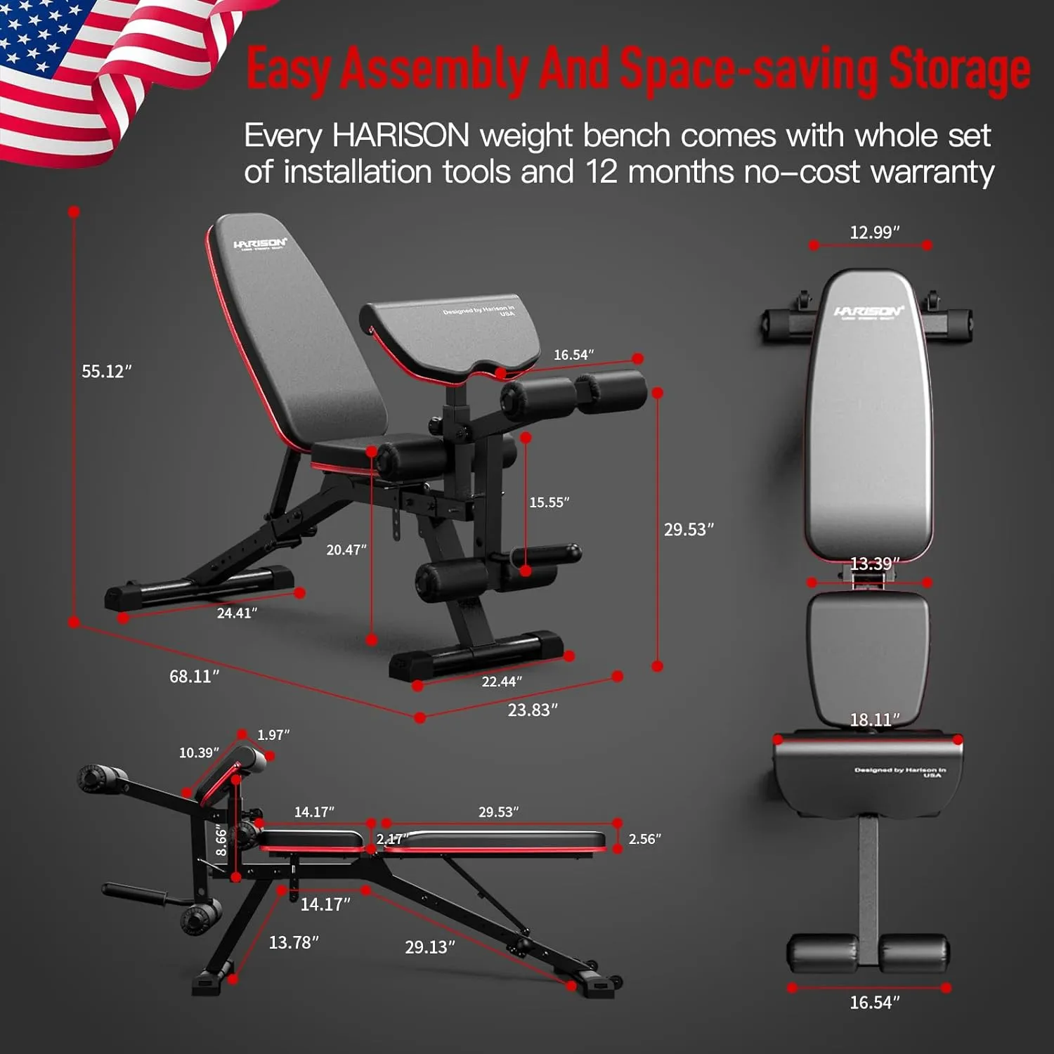 HARISON HR-609 Adjustable Bench with Leg and Arm Curl Attachments