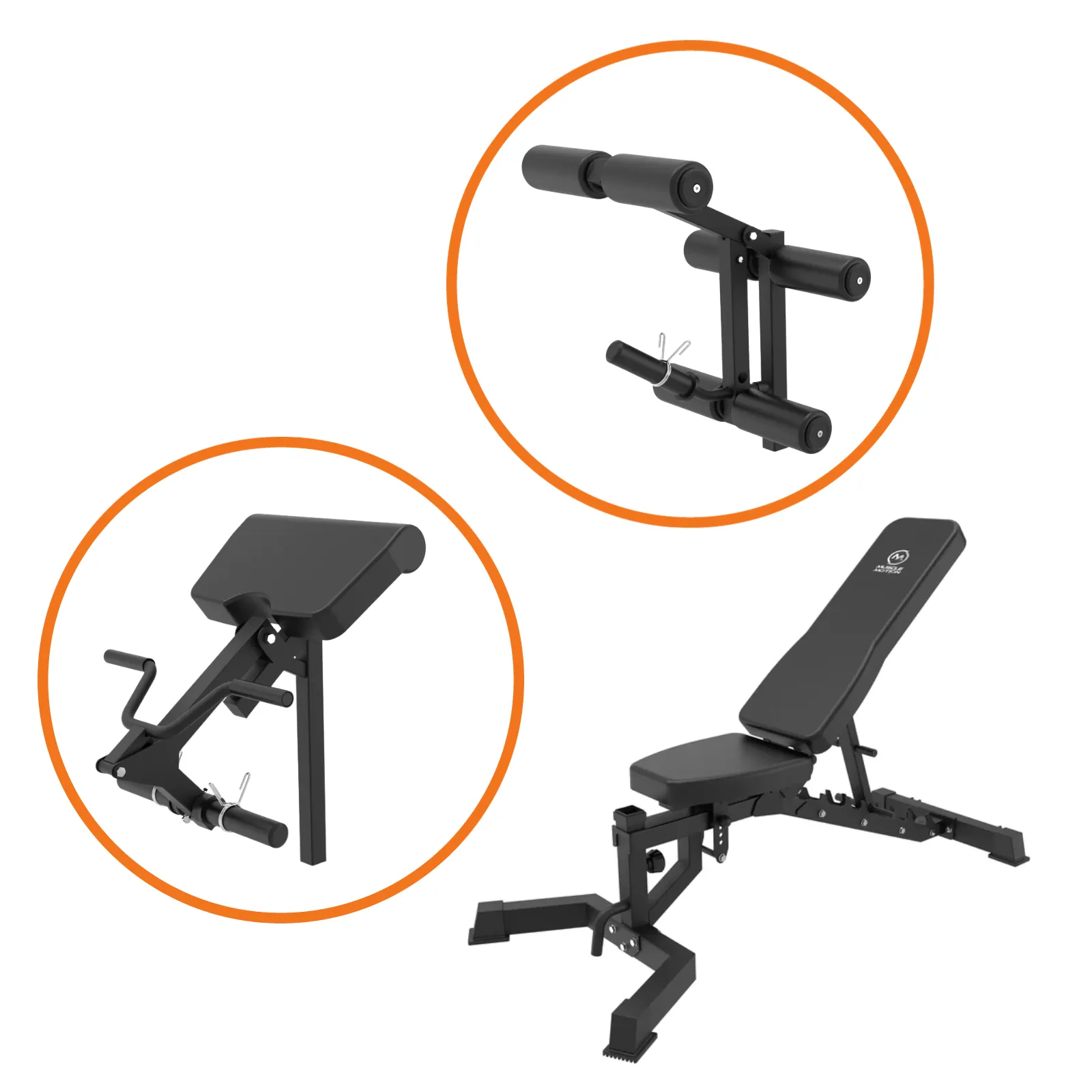 Muscle Motion AB1013 Bench with Preacher Curl and Leg Extension Attachment