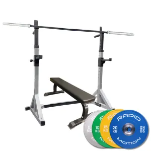 Muscle Motion SST2 Rack Bench Barbell Bumper Weights Squat Press Package